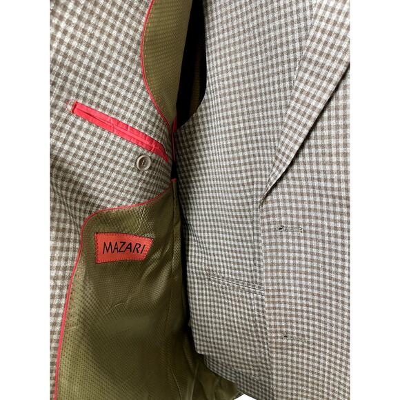 MAZARI Men's Taupe 3PC Modern Fit Gingham Check Paris Vested Suit 50R Pants 44 W - Picture 7 of 9